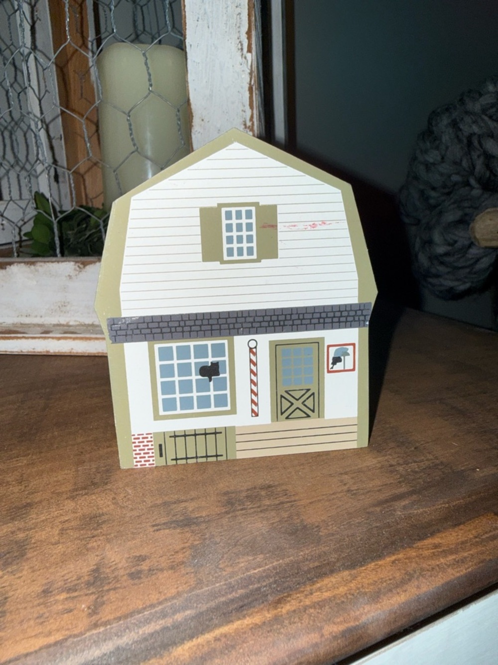 Wooden Decorative Barber Figurine in Olive Green and White